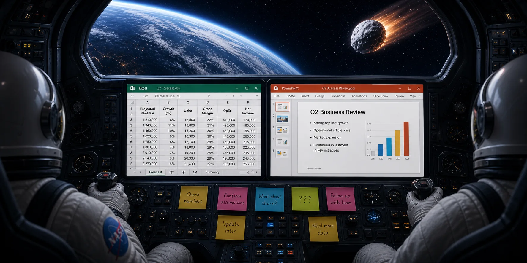 Wide cockpit view: operators at the controls with spreadsheet and slide decks on the main displays, Earth and deep space beyond the viewport.