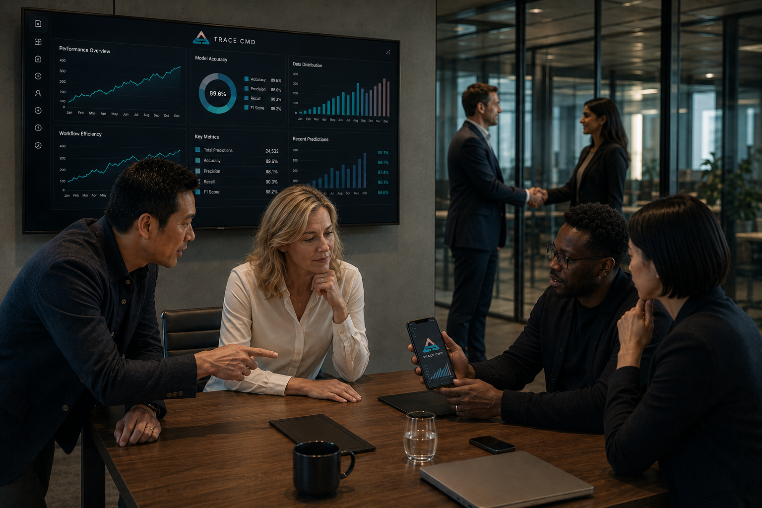 Team in a boardroom: one person shows a colleague market charts on a phone while the same dashboard appears on the wall display; others collaborate at the table.